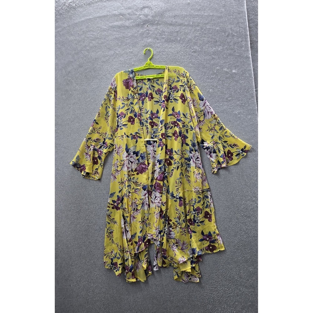 Torrid Women Cardigan 2 Yellow Floral Crepe Duster Kimono Sheer Lightweight